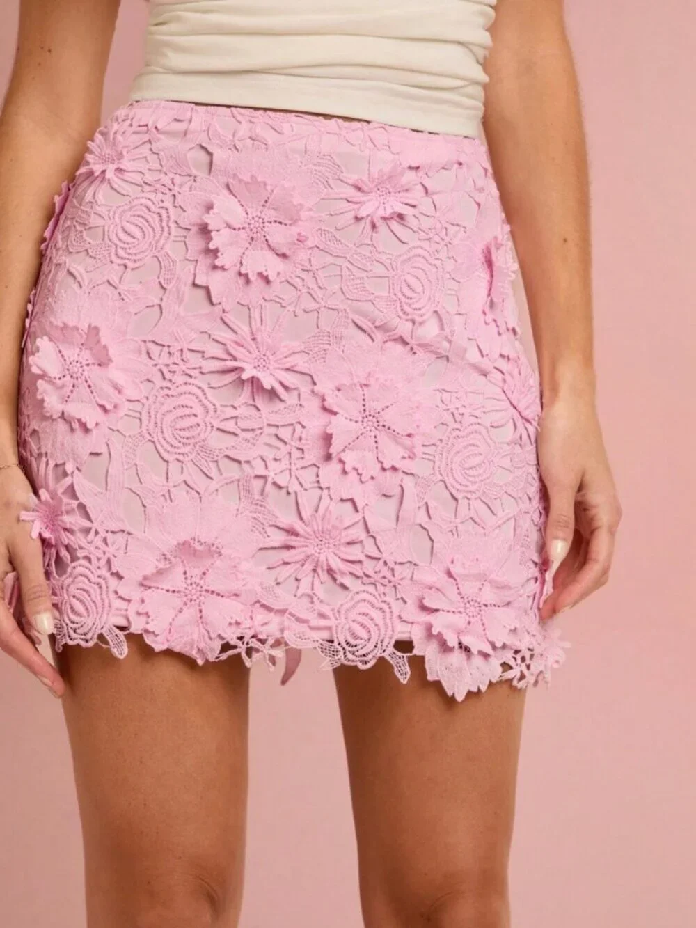 White Elegant Women's 3d Floral Lace Mini Skirt